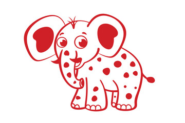 Smiling cartoon red elephant with polka dots stands happily, featuring a simple and playful style