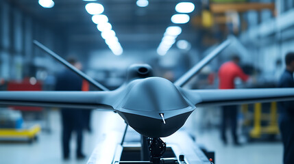 Unmanned aerial vehicle on assembly line with workers. Sleek, dark, innovative, precision engineering in a futuristic manufacturing setting with soft industrial lights.
