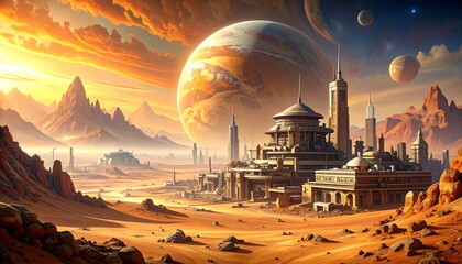 Futuristic city on another planet in space