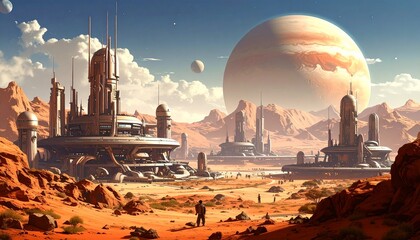 Futuristic city on another planet in space