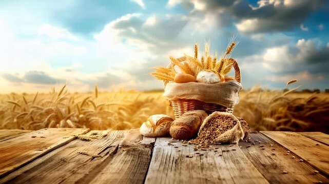 A rustic wooden table set against a backdrop of a wheat field under a partly cloudy sky. The table is adorned with a variety of breads and grains, including a loaf of bread, a baguette.