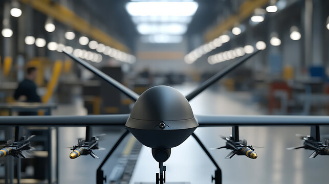 Advanced Unmanned Aircraft: Equipped with precision munitions, poised for deployment, showcasing cutting-edge aviation tech in a modern industrial setting.