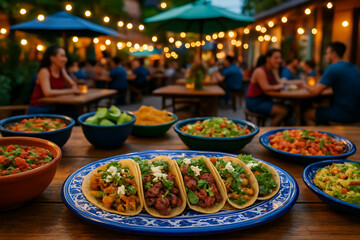 A vibrant outdoor patio dining scene featuring a plate of delicious tacos with various fresh toppings and bowls of salsa, guacamole, and other sides