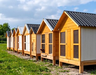 Row of colorful wooden chicken coops