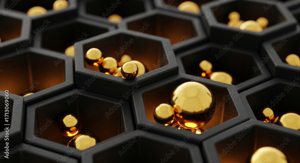 Poster golden spheres nestled in dark hexagonal cells create a luxurious, geometric pattern, showcasing a c