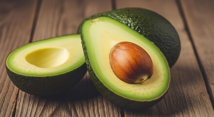 Fresh Avocado Halves on Wooden Table.