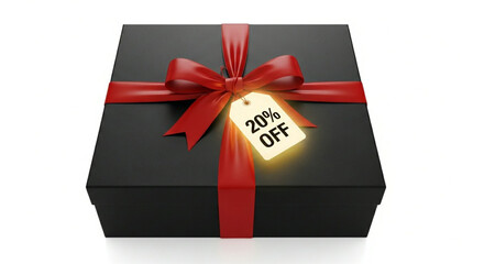 Elegant black gift box with red ribbon and a tag indicating twenty percent off your special purchase today
