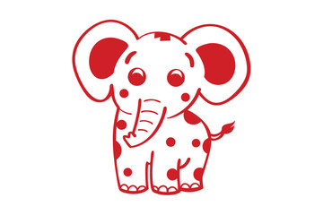 Spotted elephant with big ears poses in red against a white background