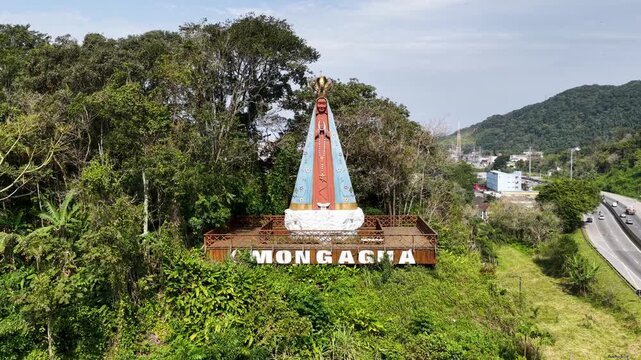 Patron Saint In Mongagua Sao Paulo Brazil. Breathtaking Aerial View Of Famous Church In The City. Town Clouds Sky Backgrounds Urban. Town Exterior Up Above. Mongagua Sao Paulo.