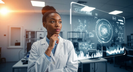 Thoughtful black female scientist looking at a futuristic holographic screen in a laboratory. Researcher analyzing scientific data on a virtual interface.