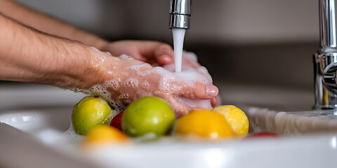 A person washing fruits in a sink with soapy water under a running faucet. Healthy eating & cleanliness concept. Protecting yourself & others from germs.