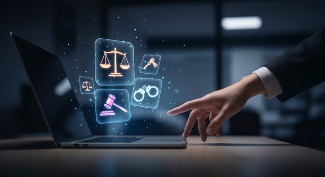 Futuristic Legal Tech - Hand Interacting with Glowing Holographic Justice Icons on a Laptop Screen.