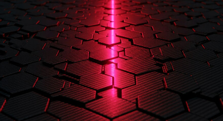 Dark hexagonal pattern illuminated by red light, creating a technological or futuristic texture suitable for background or design element