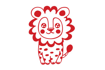 Standing red lion cub with spots and curly mane looks forward on white