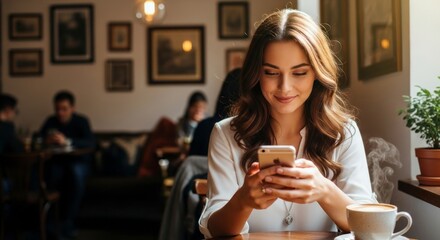 Sunlit Serenity - A Young Woman Smiling at Her Phone in a Cozy, Rustic Cafe.