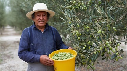 Man olive farmer holding bucket of freshly harvested green olives. Agriculture and healthy food production concept. Rural farming lifestyle.