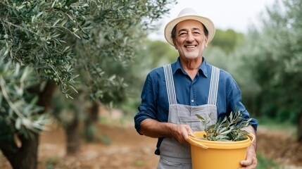 Senior man, a farmer, happily carrying a yellow bucket with olive branches while standing in an olive grove. Harvest time for organic olive oil production.