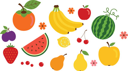 Colorful Fruit and Flower Illustration – Watermelon, Banana, Lemon, Apple, Cherry, Persimmon, and Floral Elements for Educational, Commercial, and Design Use