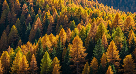 Aerial view of autumnal forest, showcasing yellow and green conifers, creating a textured pattern symbolizing nature's beauty and seasonal change