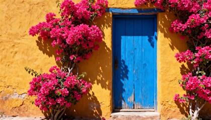 Vibrant pink bougainvillea frames a bright blue door on a sunny yellow wall.