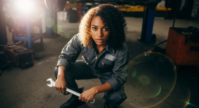 Confident female mechanic with a wrench in a car repair shop. Portrait of a strong woman with curly hair working in an auto service garage.