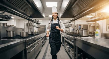 Happy Asian female chef running in a professional restaurant kitchen. Energetic young cook in uniform during a busy service.