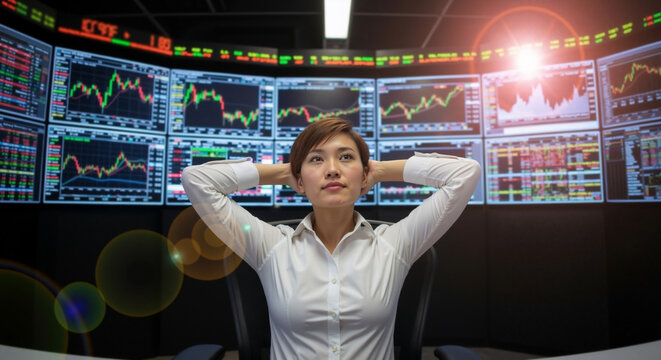 Asian businesswoman relaxing in front of multiple stock market data screens. Successful female financial trader taking a break in a dark control room or trading floor, surrounded by multiple monitors