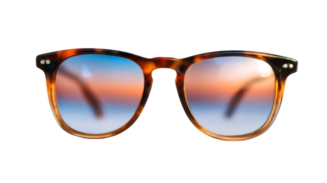 Stylish Sunglasses Reflecting a Vibrant Sunset over the Ocean Horizon