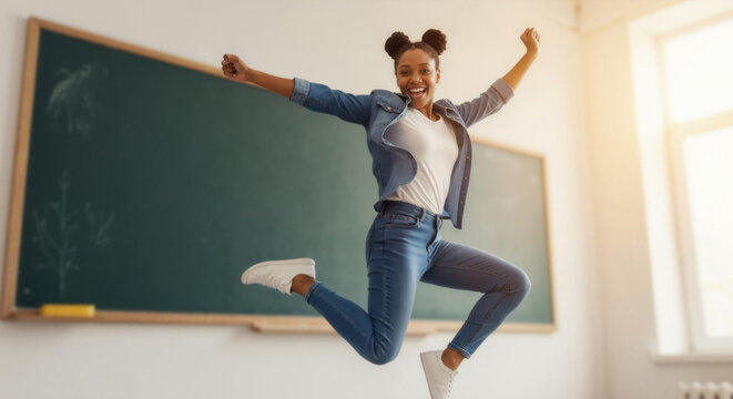 Happy black female student jumping for joy in a classroom. Excited young woman celebrating success at school.