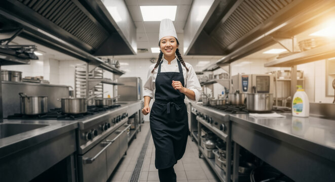 Happy Asian female chef running in a professional restaurant kitchen. Energetic young cook in uniform during a busy service. - Powered by Adobe