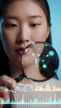 A professional, diverse hand holds a modern magnifying glass gliding over a digital tablet, revealing intricate data visualizations with soft cool light. Concept of innovative discovery and precision