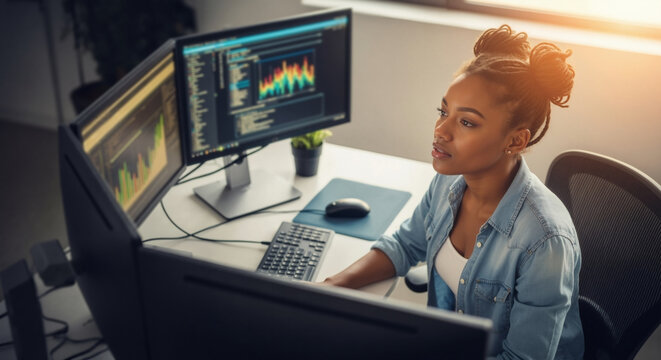 Young black female programmer working on multiple computer monitors. African American software developer coding in a modern office. - Powered by Adobe