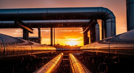 Obraz premium Golden Sunset Glow Framed by Gleaming Industrial Steel Pipelines.