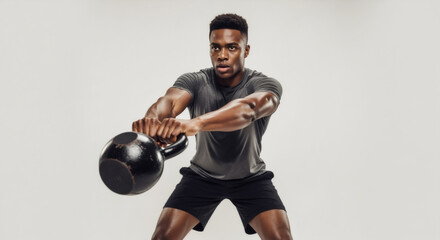 Muscular man performing a kettlebell swing exercise. Strong athlete in a crossfit workout for strength training isolated on a gray background.