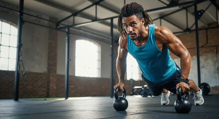 Muscular black man doing push-ups on kettlebells in a gym. Intense crossfit workout for strength and conditioning.