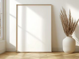 Blank frame and decorative vase on a herringbone floor in a bright room illuminated by natural light, perfect for showcasing your artwork or design.