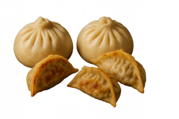 Chinese dumplings and steamed bao buns isolated on white background, traditional Asian street food