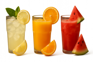 Fresh lemonade, orange juice, and watermelon juice with fruit slices