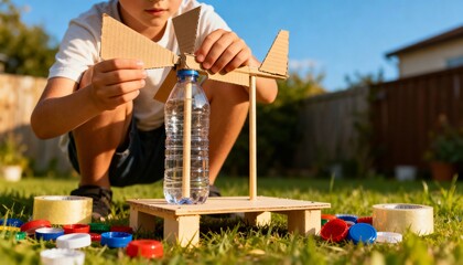 A young boy constructs a homemade wind turbine using recycled materials in a sunny backyard.