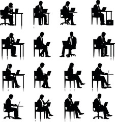 Business people working on laptops in office chairs, professional posture silhouettes for corporate, remote work, meeting, and workplace concepts