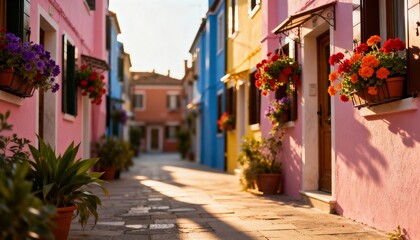Fototapeta premium Colorful Venetian alleyway lined with pastel-hued buildings, adorned with vibrant flower baskets.