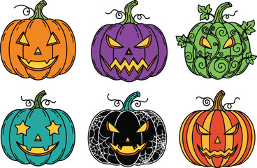 Colorful Halloween Pumpkin Icon Pack: Set of 6 Different Jack-o'-Lantern Illustrations with Unique and Vibrant Designs on a White Background