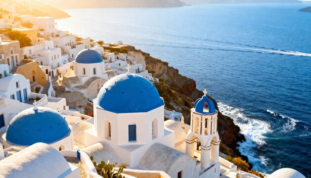 Scenic view of white buildings with blue domes on a cliff overlooking the Aegean Sea in Santorini, Greece. - Powered by Adobe