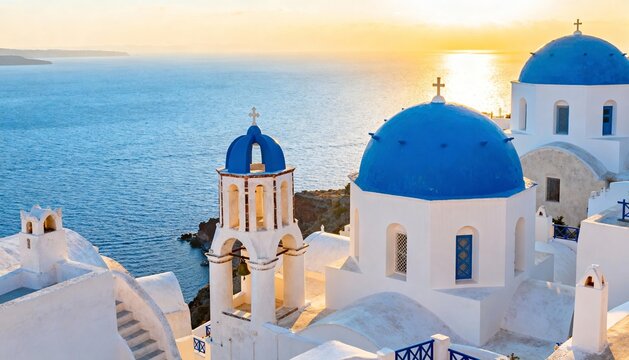 Stunning Santorini, Greece, with whitewashed churches and blue domes at sunrise over the Aegean Sea.