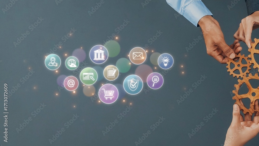 Poster two hands reach for colorful digital icons that symbolize technology and communication, showcasing i