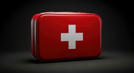 Obraz premium Sleek Red First Aid Kit with White Cross Symbol, Dramatically Lit on a Dark, Isolated Background.
