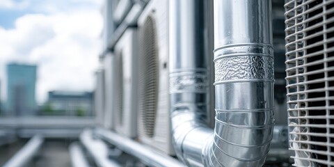 Close-up of metallic HVAC ducting on a rooftop, with air conditioning units visible