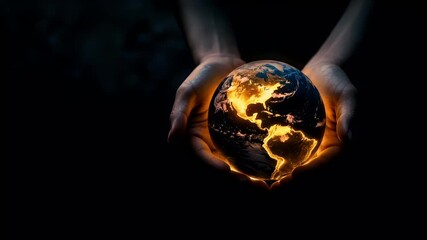 Earth Day environment conservation concept. A human hands hold a glowing, illuminated globe against a dark, blurred background. The globe is the central focus.