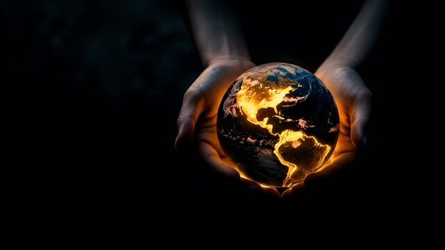 Earth Day environment conservation concept. A human hands hold a glowing, illuminated globe against a dark, blurred background. The globe is the central focus. - Powered by Adobe