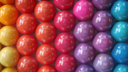 Colorful glossy spheres arranged in rainbow gradient on white